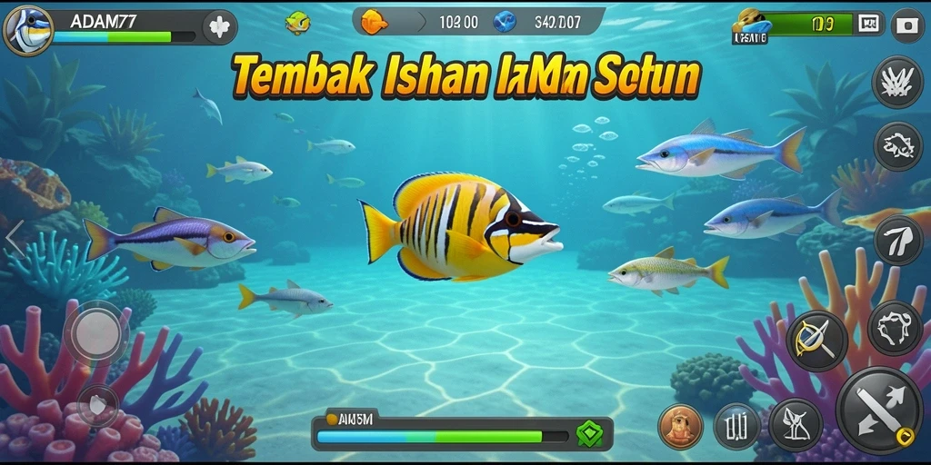 Tampilan gameplay yang seru dalam ADAM77 saat menembak ikan.