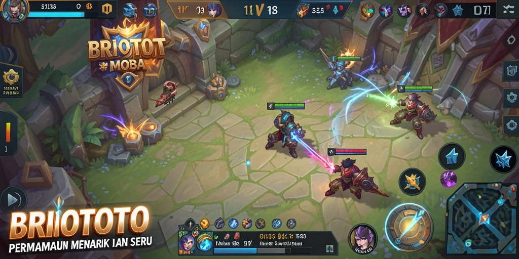 Screenshot BRIOTOTO menampilkan aksi intens di medan perang MOBA.