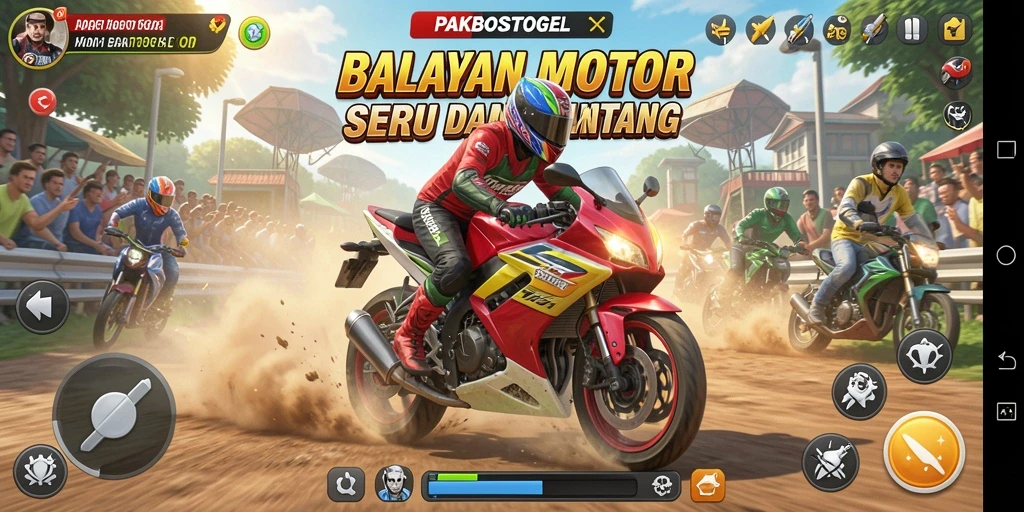 Tampilan gameplay PAKBOSTOGEL saat balapan motor yang mendebarkan.
